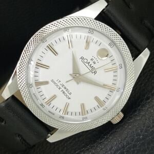 Vintage 1983 Roamer Manual Mens Silver Watch W/Leather Strap & White accents